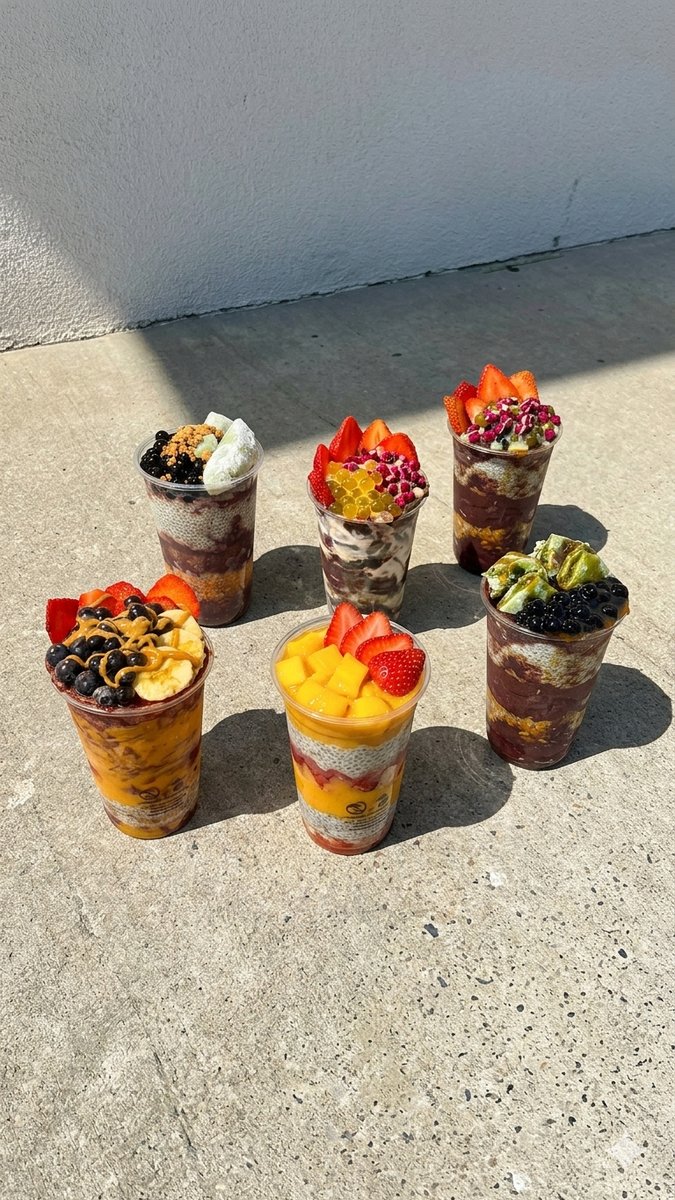 sechs verschiedene tea99 açaí bowls — build your bowl varieties outdoor
