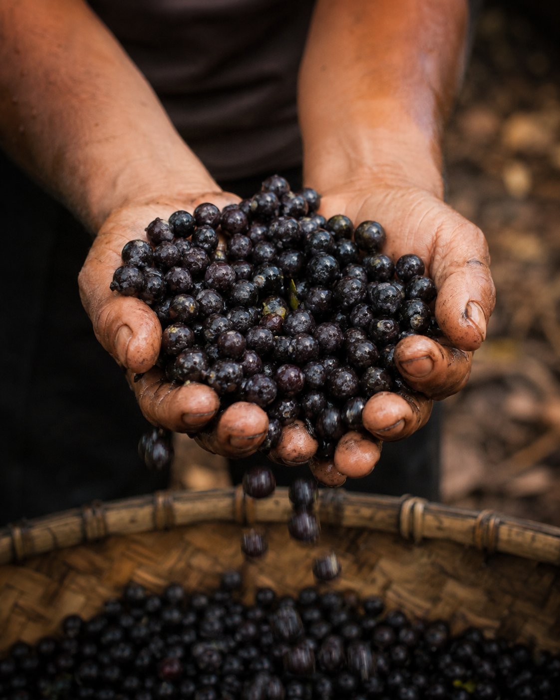 hände eines farmers halten açaí beeren