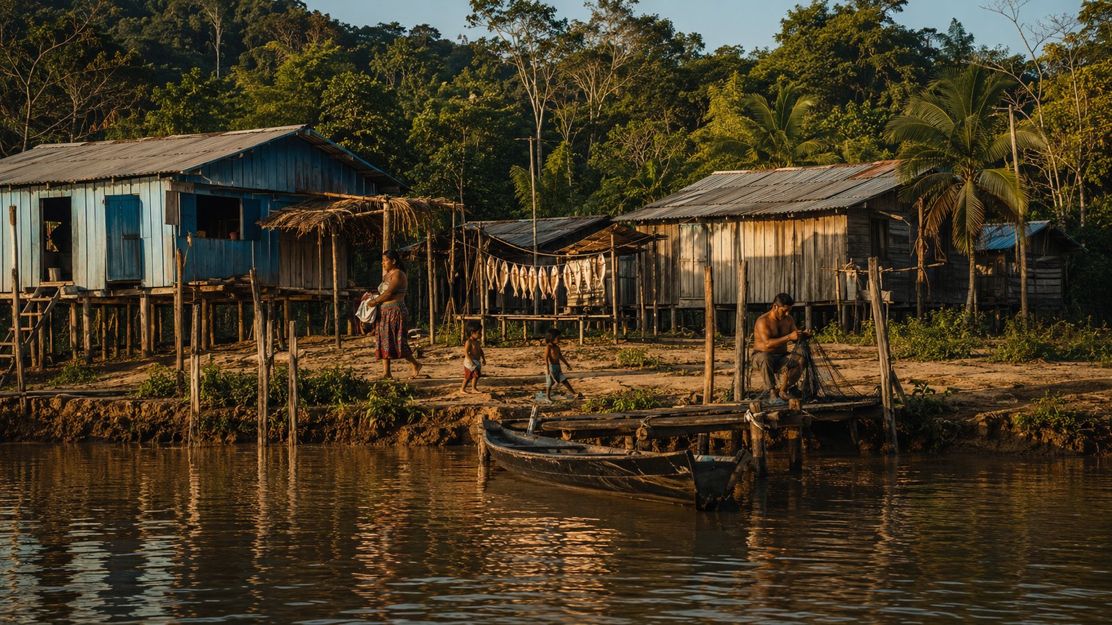 brasilianisches dorf am amazonas mit pfahlhäusern