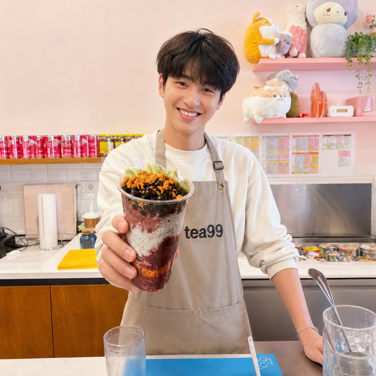 tea99 darmstadt team member smiling mit frisch gezapfter açaí bowl hinter dem tresen