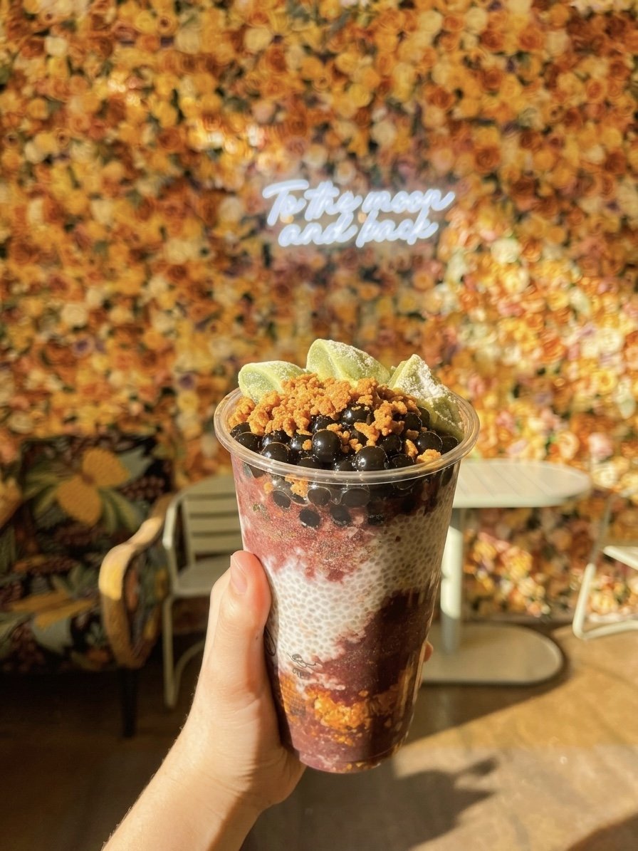 açaí bowl mit kuromitsu boba und matcha mochi vor rosen-wand mit neon 'to the moon and back' im tea99 darmstadt store