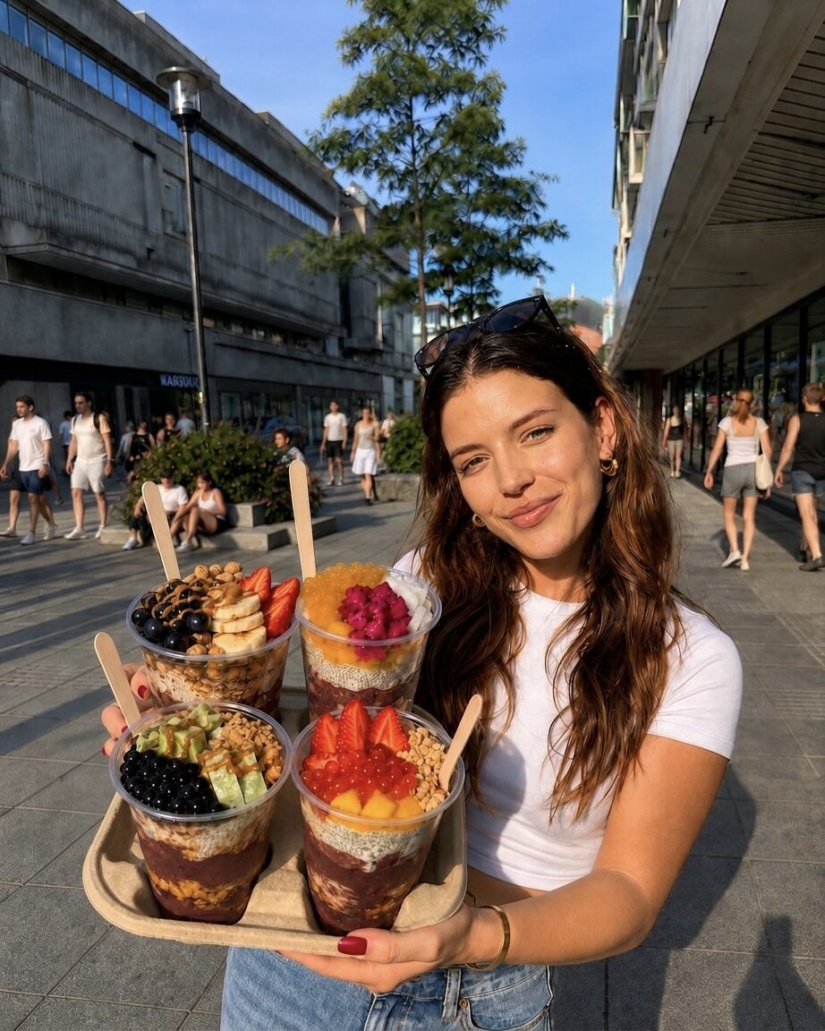vier frisch zubereitete açaí bowls auf holztablett in der darmstadt innenstadt — mit blaubeere, mango, drachenfrucht, granola und peanut butter layern · tea99 darmstadt am luisenplatz