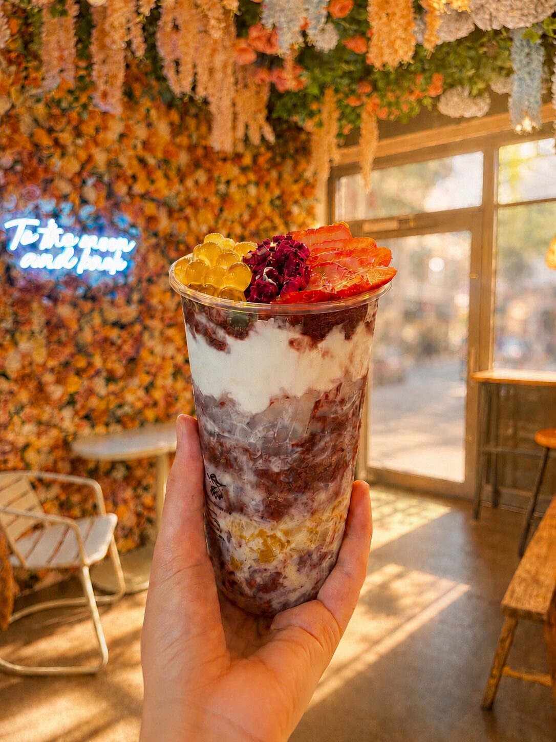 hand hält große açaí bowl mit erdbeeren, drachenfrucht und honig-tapioka vor rosen-wand und 'to the moon and back' neon im tea99 darmstadt — main character moment