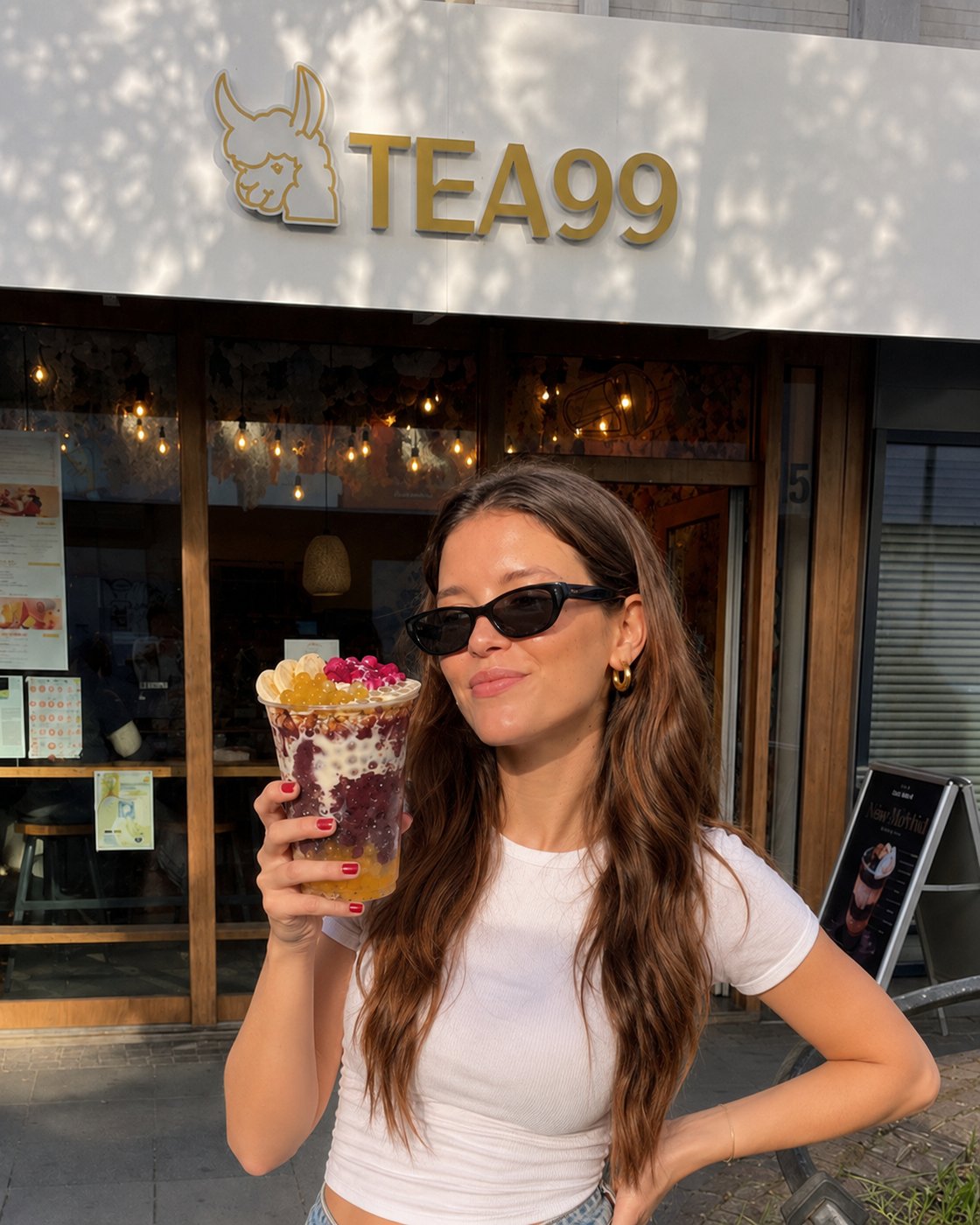 kundin mit sonnenbrille hält açaí bowl bei tea99 darmstadt am luisenplatz